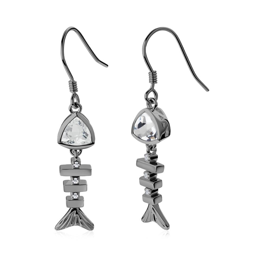 Movable Fishbone White Topaz Fish Hook Earrings - LUO Jewelry #metal_black finish sterling silver