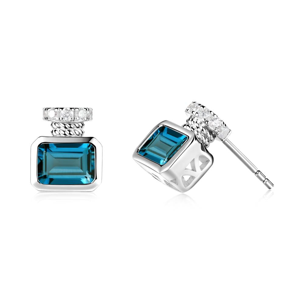 Bezel Set Emerald Cut London Blue Topaz Stud Earrings - LUO Jewelry #metal_14k white gold