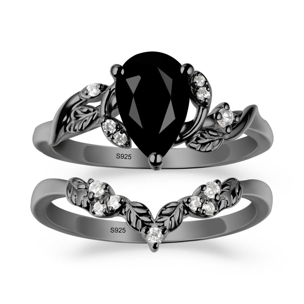 Pear Cut Black Spinel Leaf Ring Set - LUO Jewelry #metal_xxxxx