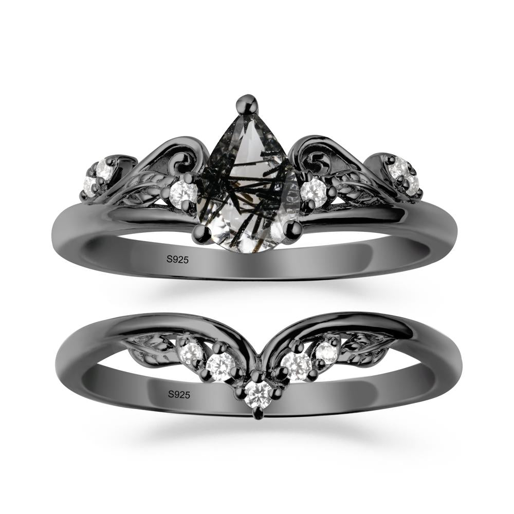 Teardrop Black Rutilated Quartz Promise Ring Set - LUO Jewelry #metal_xxxxx