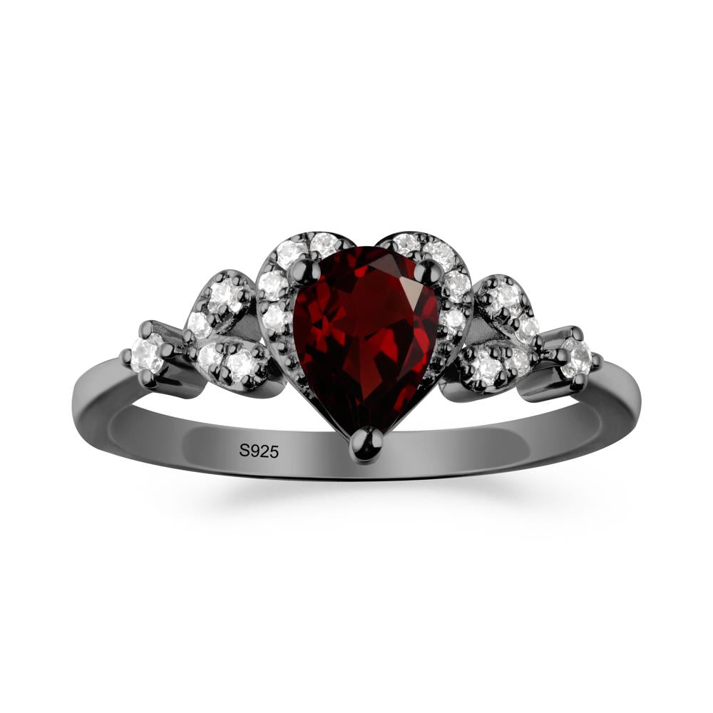 Garnet Heart Ring with Leaf Accents - LUO Jewelry #metal_black finish sterling silver