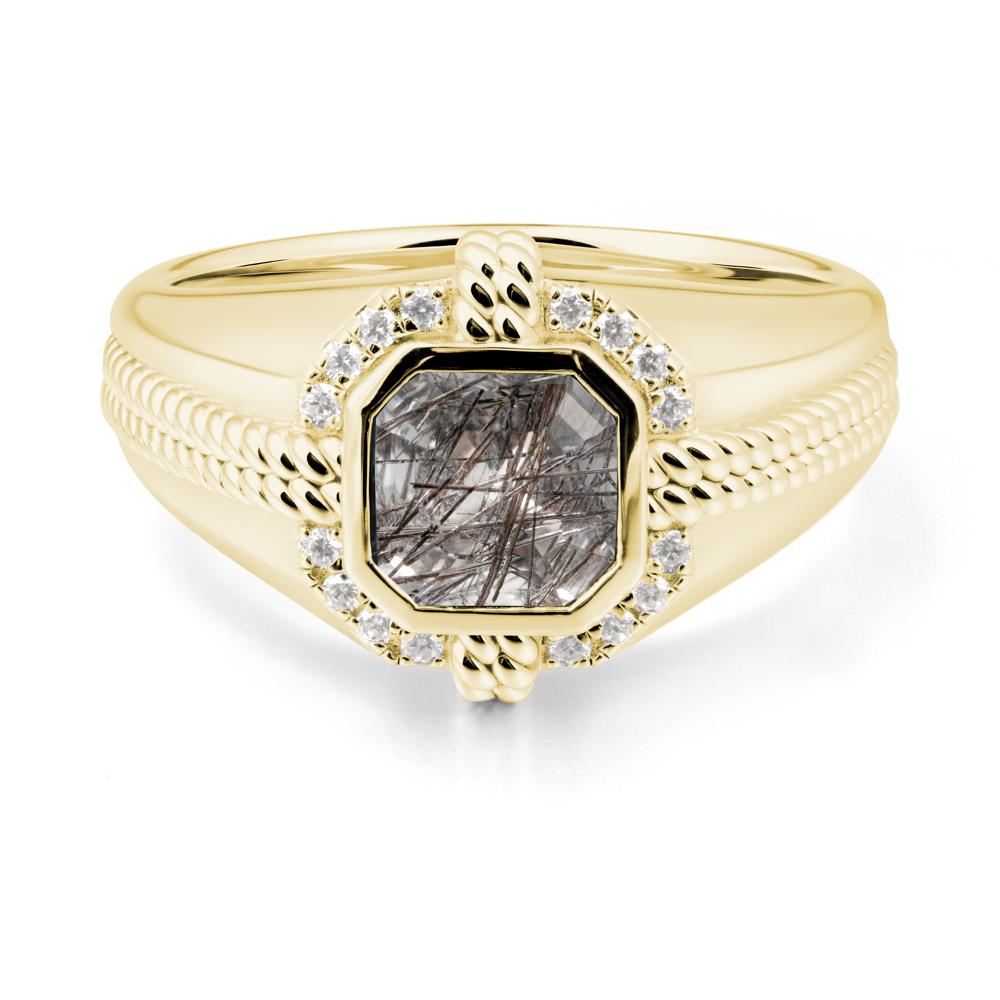 Men Black Rutilated Quartz Promise Ring with Twist Rope Design - LUO Jewelry #metal_18k yellow gold