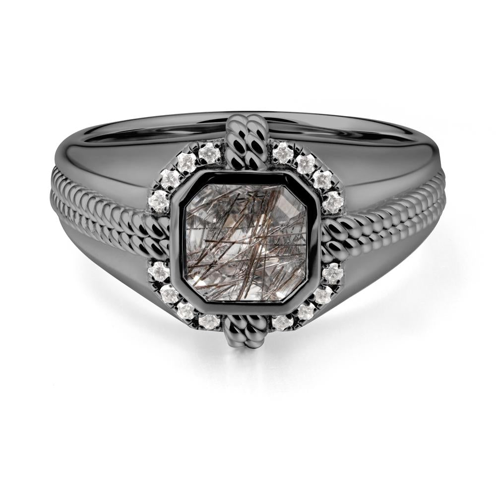 Men Black Rutilated Quartz Promise Ring with Twist Rope Design - LUO Jewelry #metal_black finish sterling silver