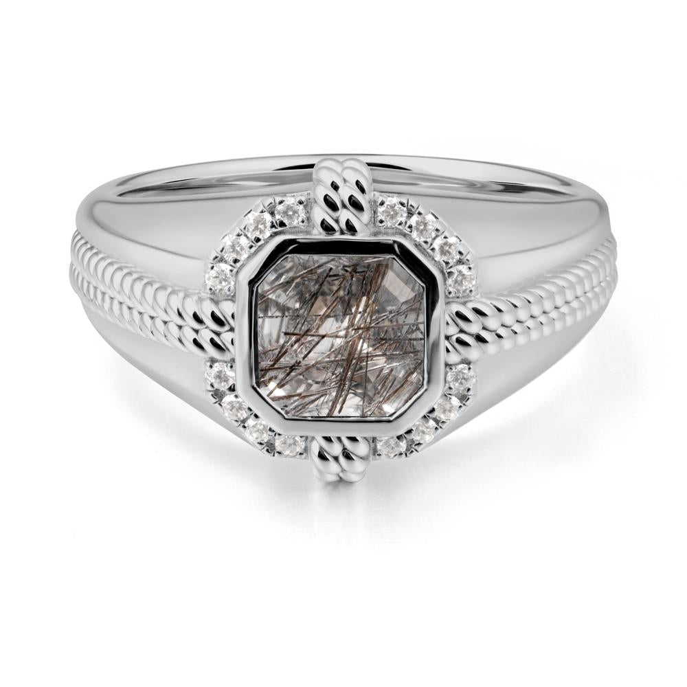 Men Black Rutilated Quartz Promise Ring with Twist Rope Design - LUO Jewelry #metal_platinum