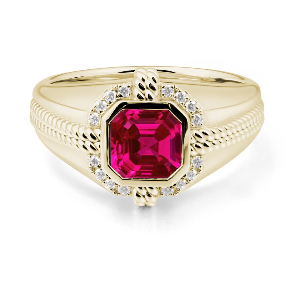 Asscher Ruby Halo Ring for Men - LUO Jewelry #metal_14k yellow gold