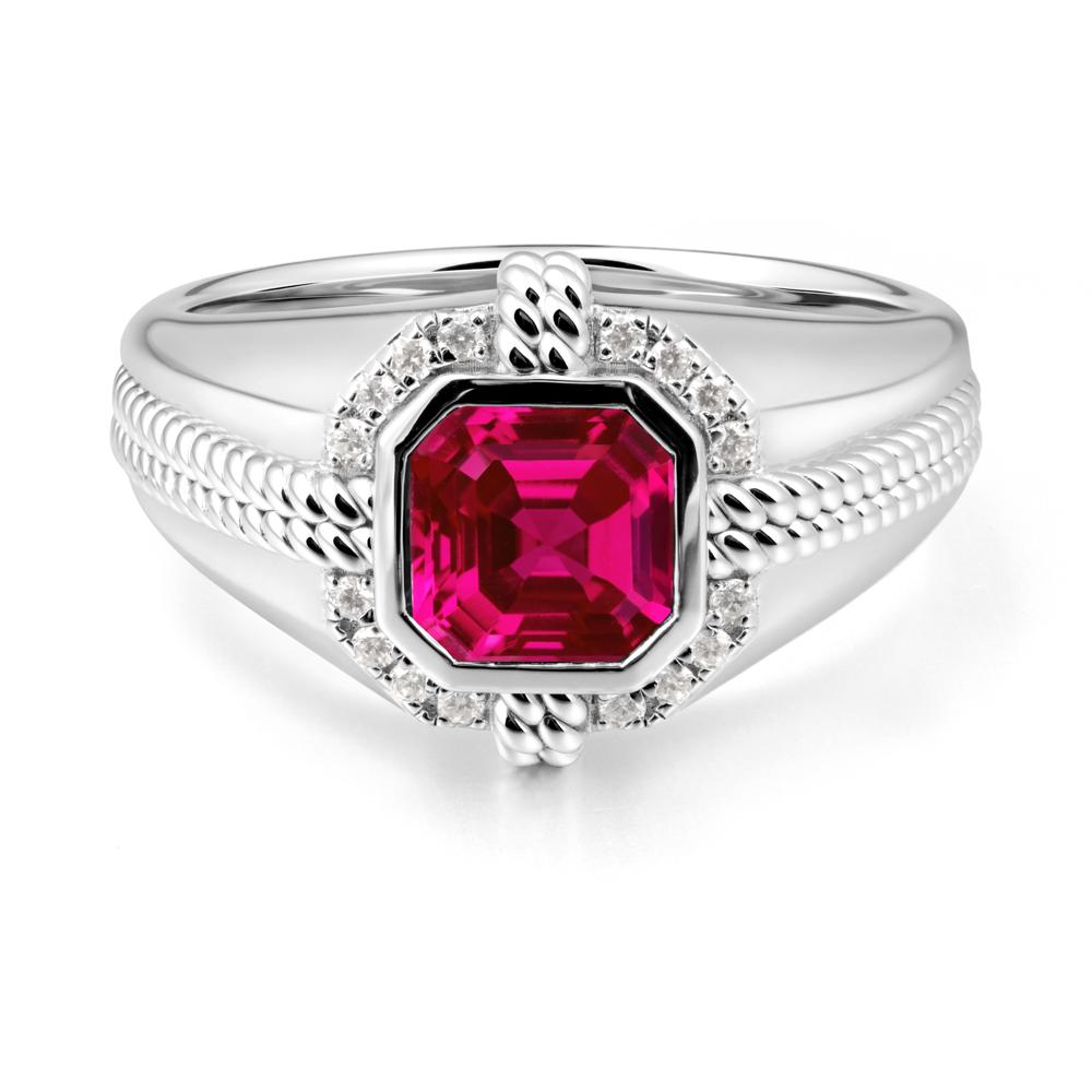 Asscher Ruby Halo Ring for Men - LUO Jewelry #metal_18k white gold