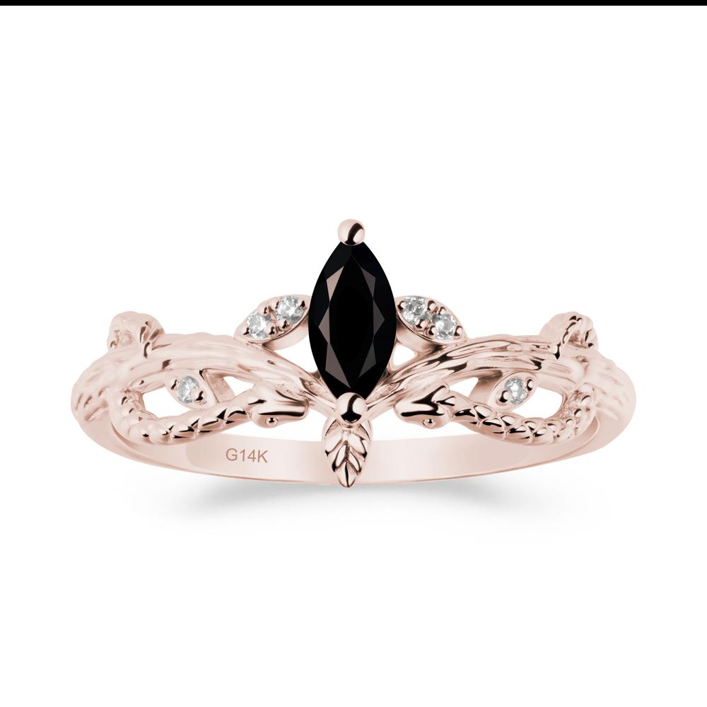 Black Spinel Snake Ring with Tree Texture and Leaf - LUO Jewelry #metal_14k rose gold