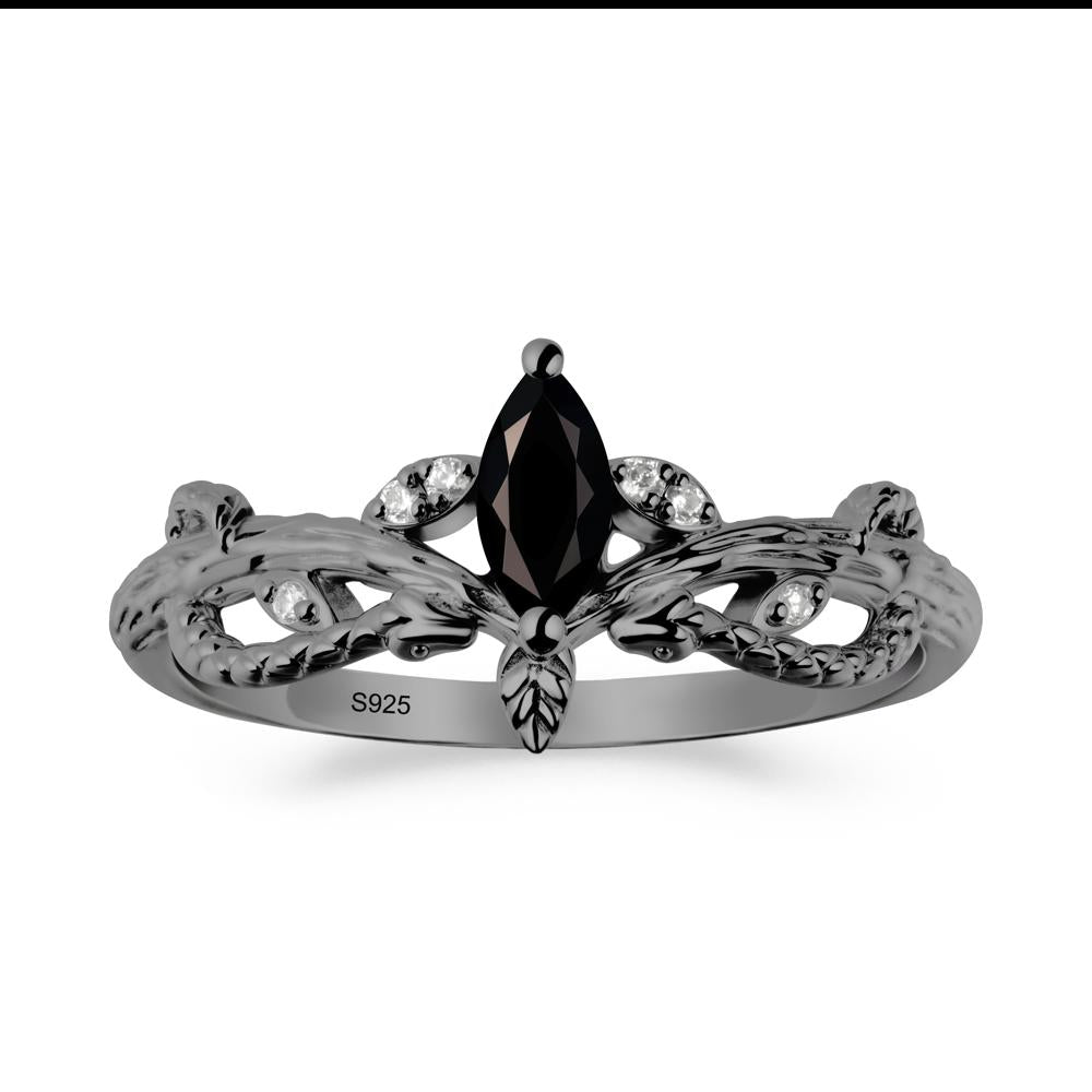 Black Spinel Snake Ring with Tree Texture and Leaf - LUO Jewelry #metal_black finish sterling silver