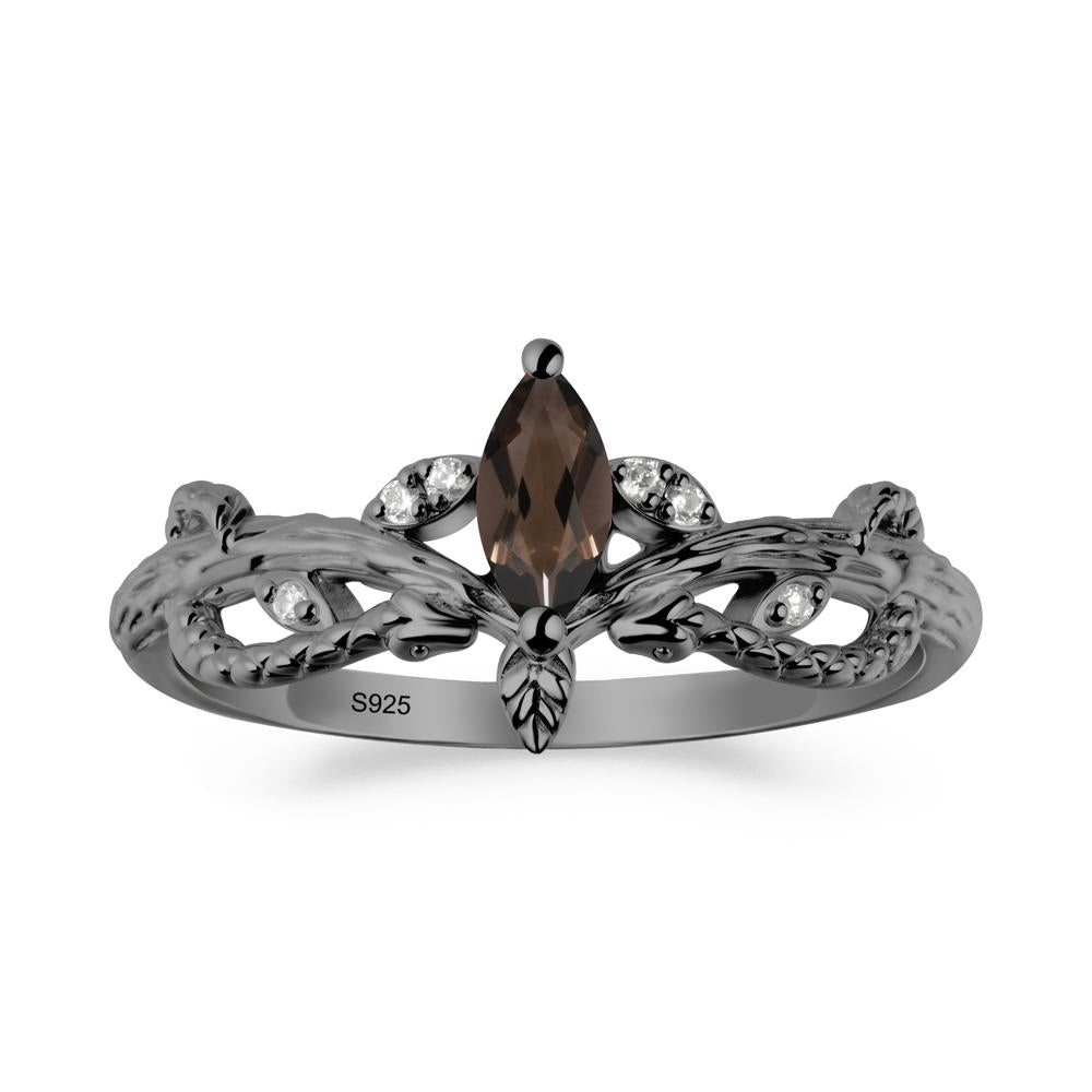 Smoky Quartz Snake Ring with Tree Texture and Leaf - LUO Jewelry #metal_black finish sterling silver