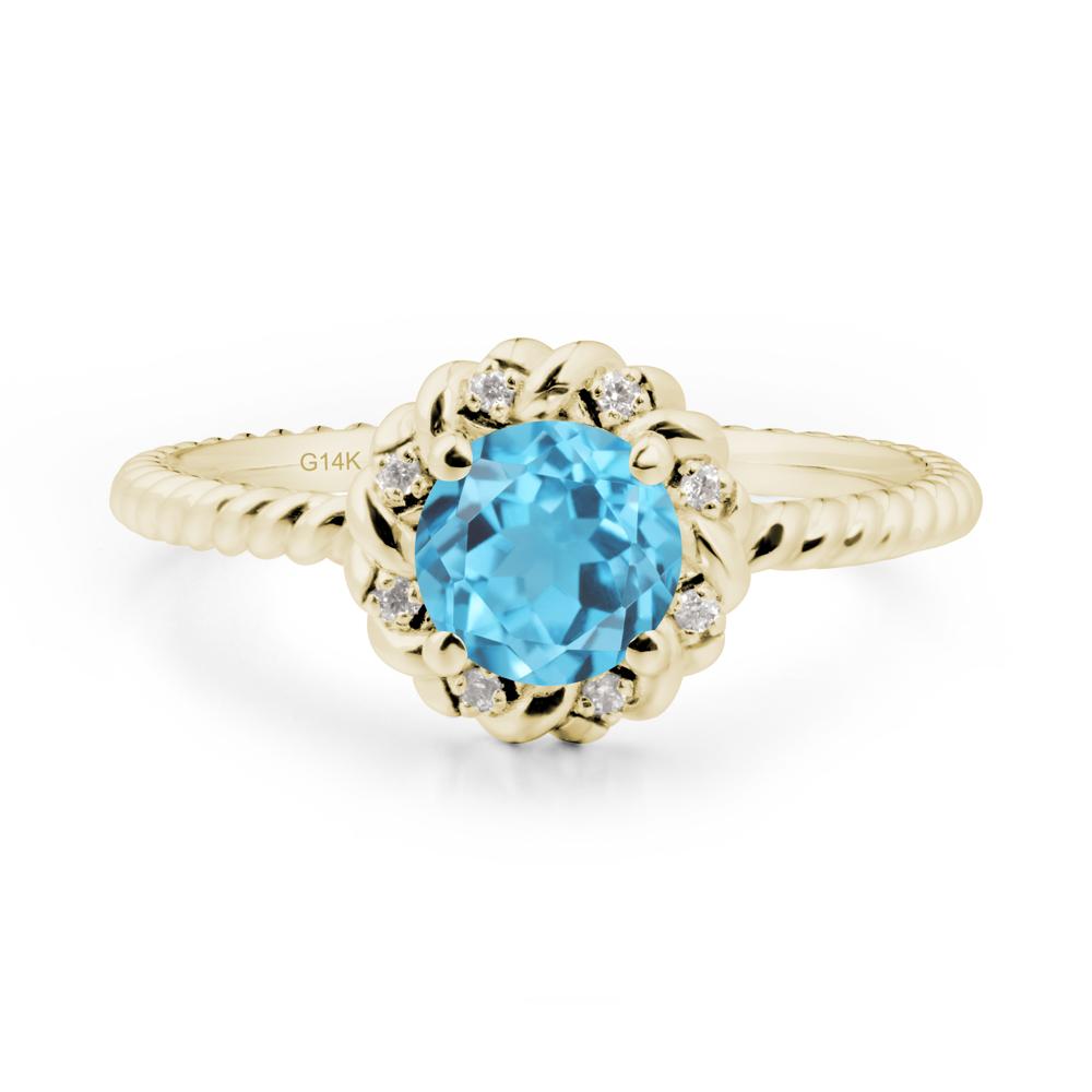 Round Swiss Blue Topaz Twisted Halo Ring - LUO Jewelry #metal_14k yellow gold