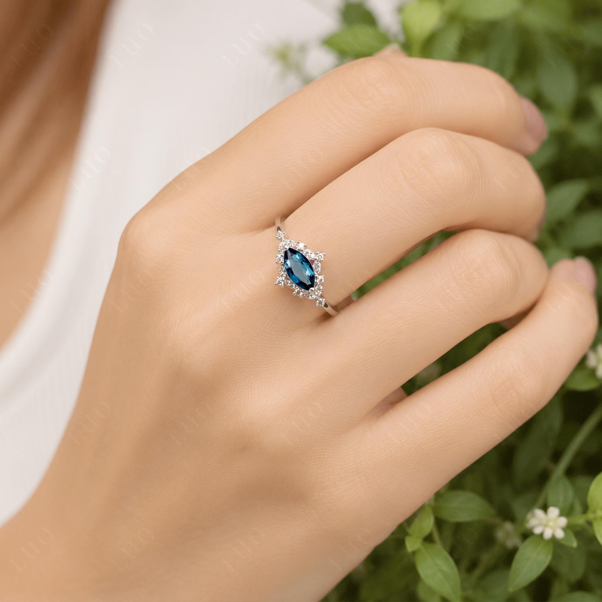 East West Marquise Cut London Blue Topaz Halo Ring - LUO Jewelry 