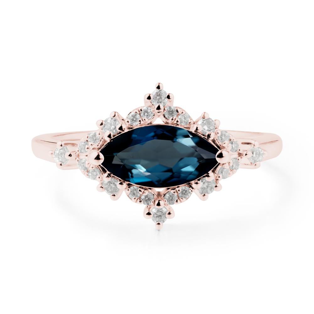 East West Marquise Cut London Blue Topaz Halo Ring - LUO Jewelry #metal_18k rose gold