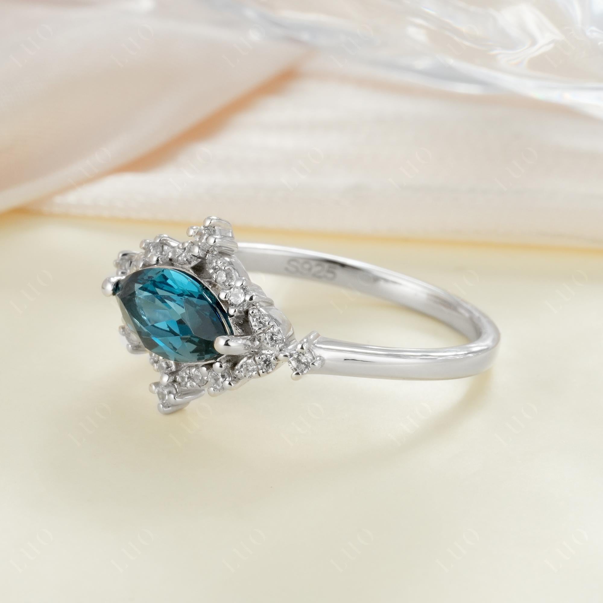 East West Marquise Cut London Blue Topaz Halo Ring - LUO Jewelry 