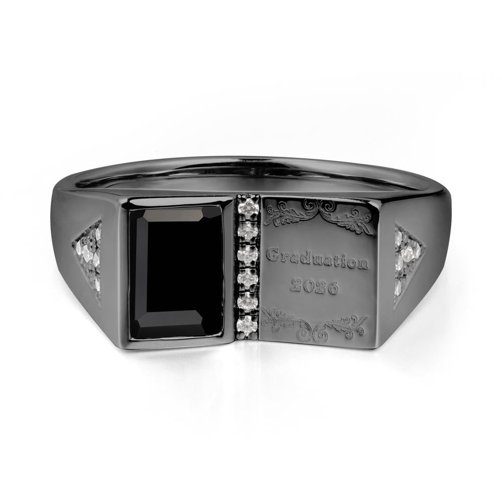 Personalized Emerald-Cut Black Spinel Bezel Ring - LUO Jewelry #metal_black finish sterling silver