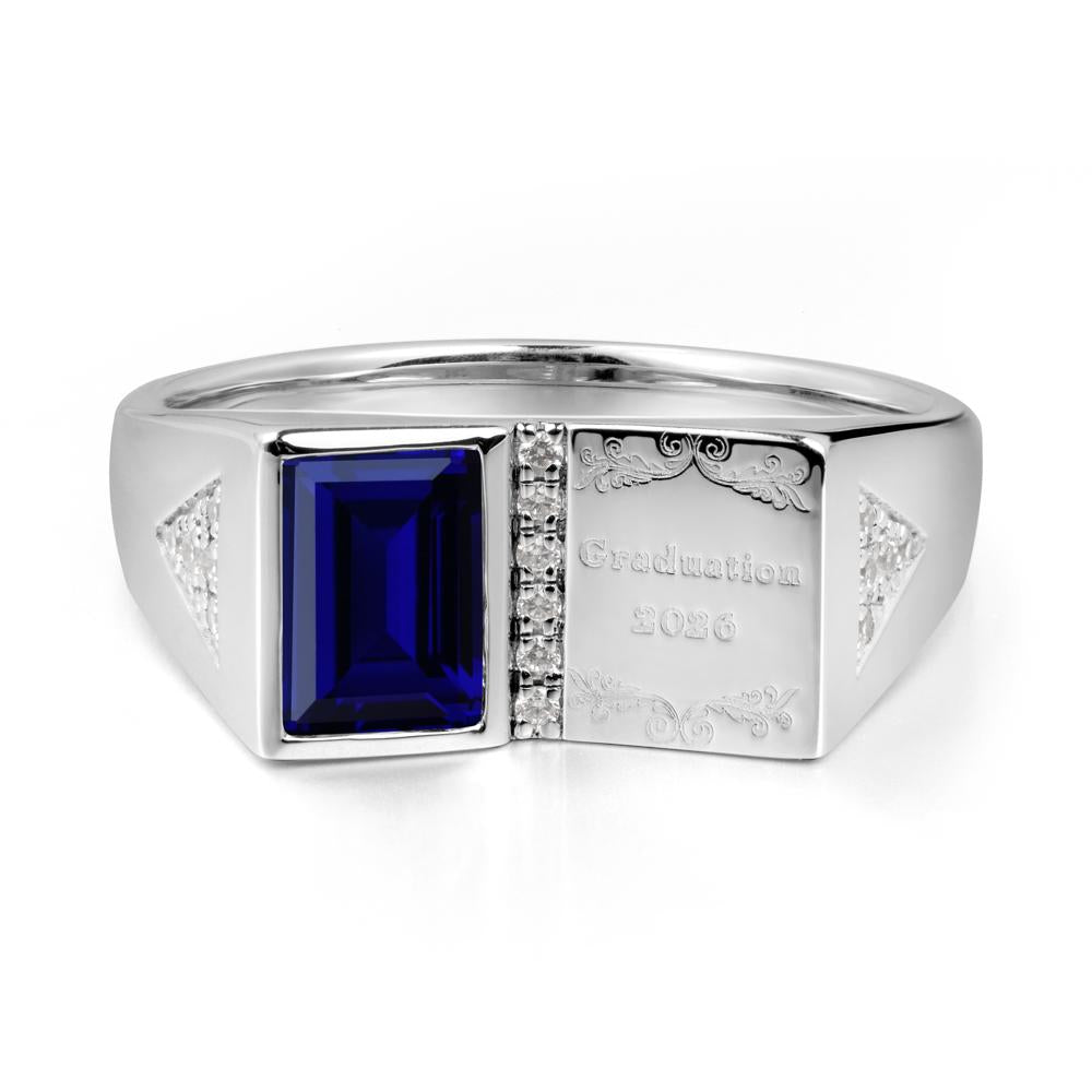 Personalized Emerald-Cut Sapphire Bezel Ring - LUO Jewelry #metal_14k white gold
