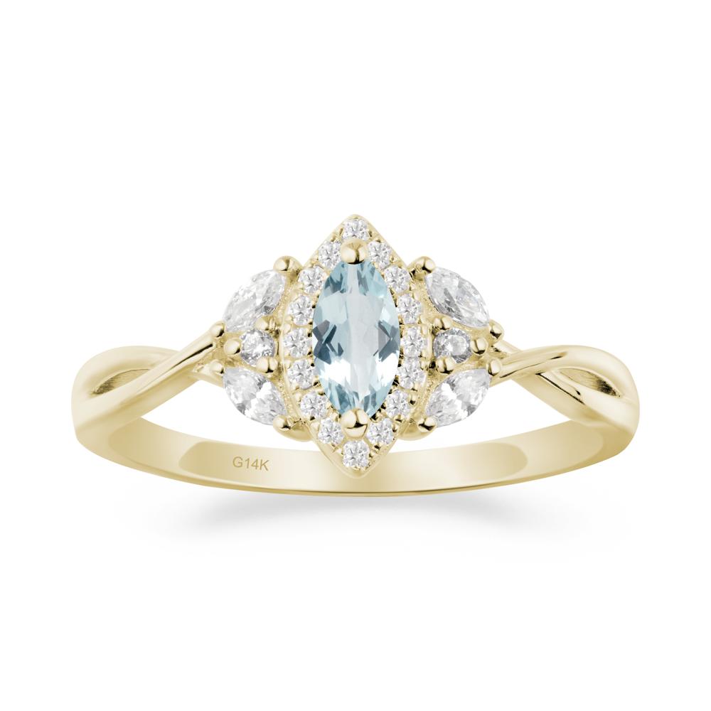 Twisted Band Marquise Aquamarine Halo Ring - LUO Jewelry #metal_14k yellow gold