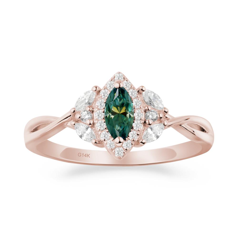 Twisted Band Marquise Green Moissanite Halo Ring - LUO Jewelry #metal_14k rose gold