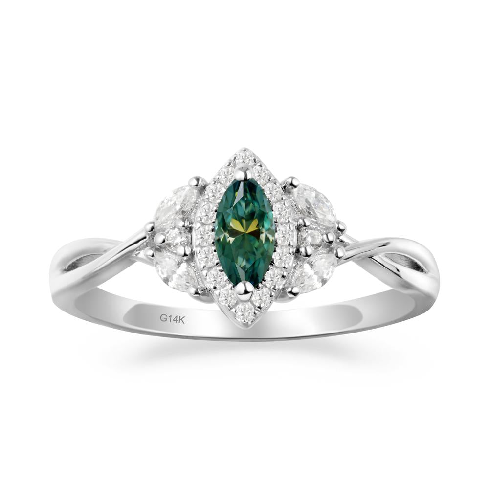 Twisted Band Marquise Green Moissanite Halo Ring - LUO Jewelry #metal_14k white gold