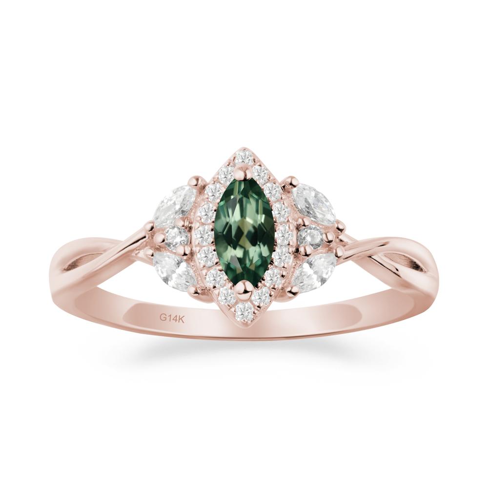 Twisted Band Marquise Green Sapphire Halo Ring - LUO Jewelry #metal_14k rose gold