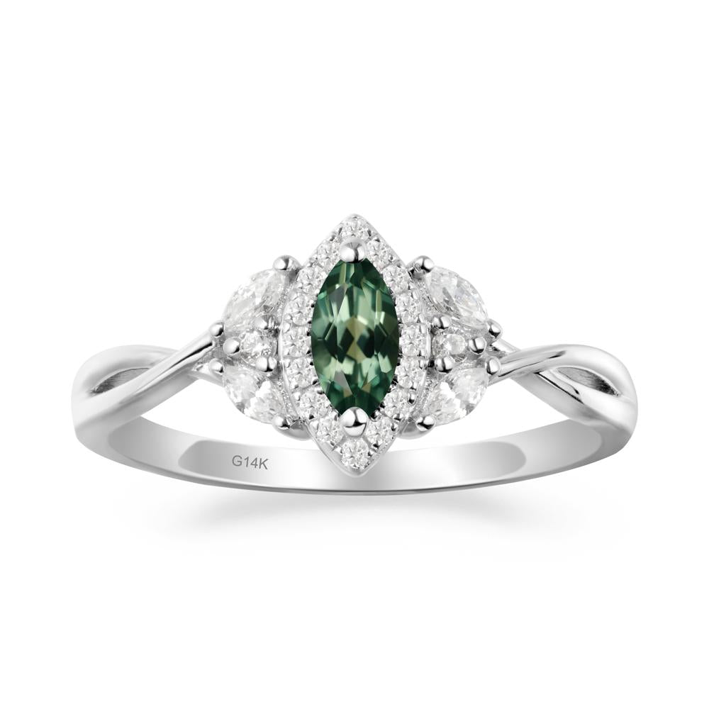 Twisted Band Marquise Green Sapphire Halo Ring - LUO Jewelry #metal_14k white gold