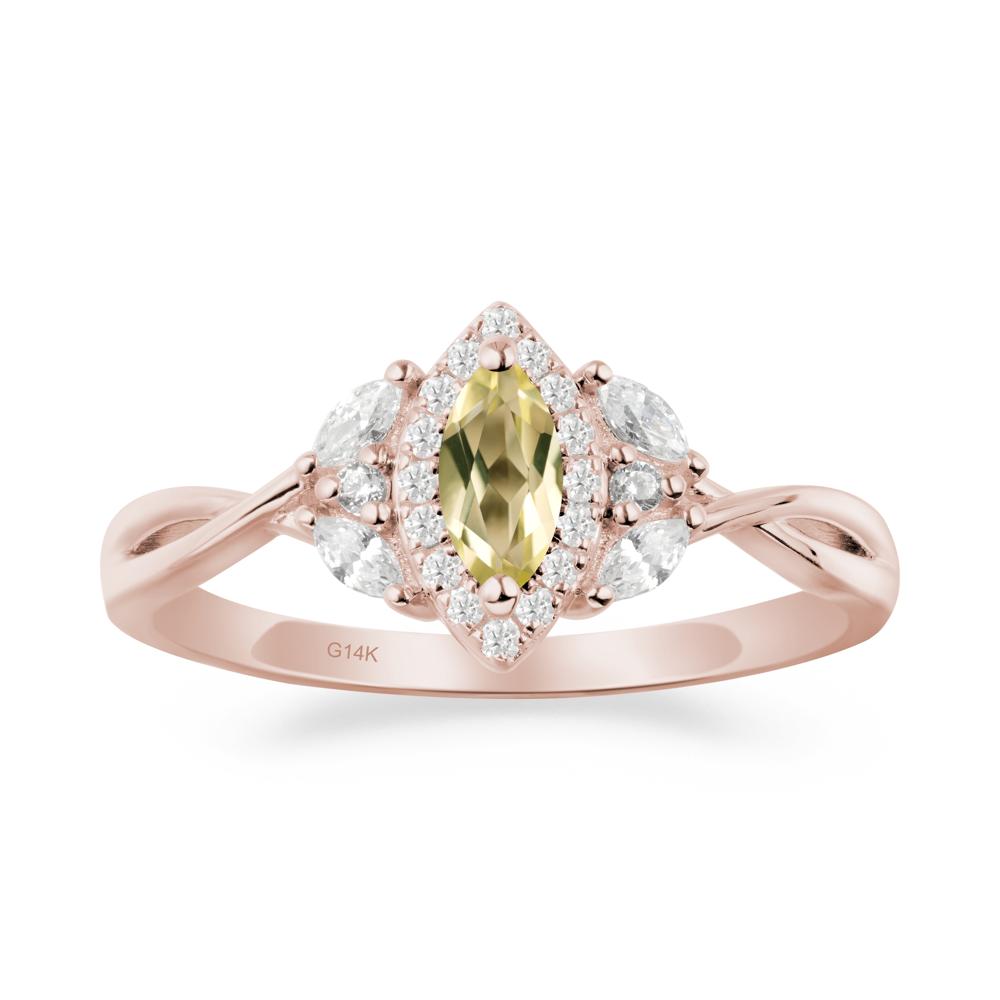 Twisted Band Marquise Lemon Quartz Halo Ring - LUO Jewelry #metal_14k rose gold