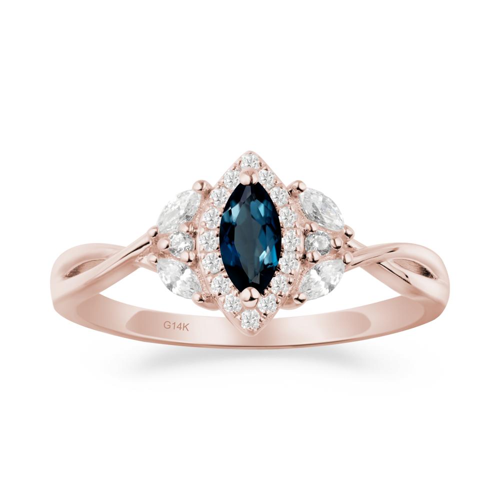 Twisted Band Marquise London Blue Topaz Halo Ring - LUO Jewelry #metal_14k rose gold