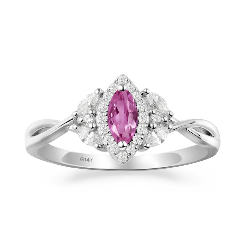 Twisted Band Marquise Pink Sapphire Halo Ring - LUO Jewelry #metal_14k white gold