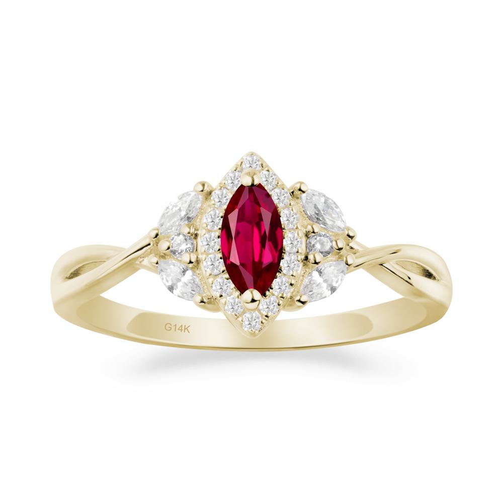 Twisted Band Marquise Ruby Halo Ring - LUO Jewelry #metal_14k yellow gold