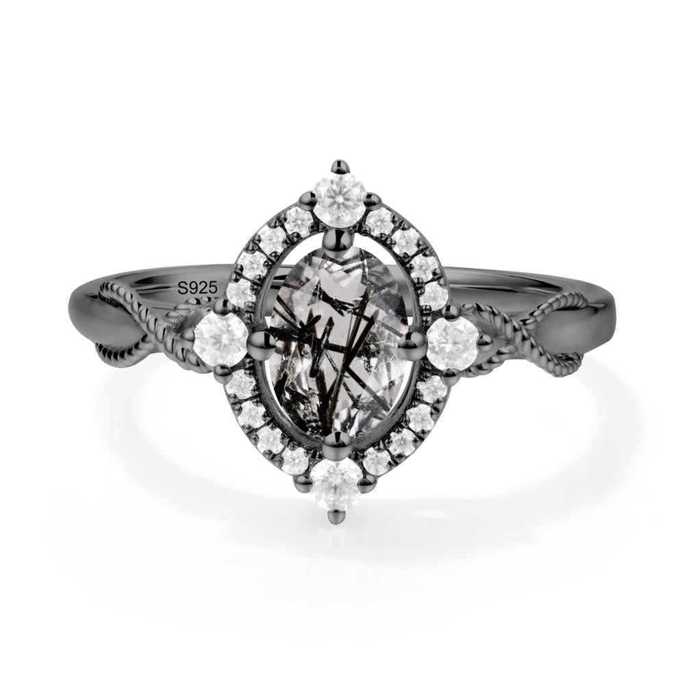Twisted Band Black Rutilated Quartz Halo Ring - LUO Jewelry #metal_black finish sterling silver
