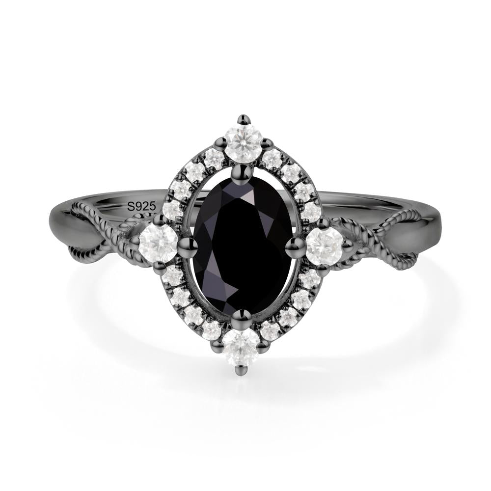 Oval Black Spinel Halo Twist Ring - LUO Jewelry #metal_black finish sterling silver