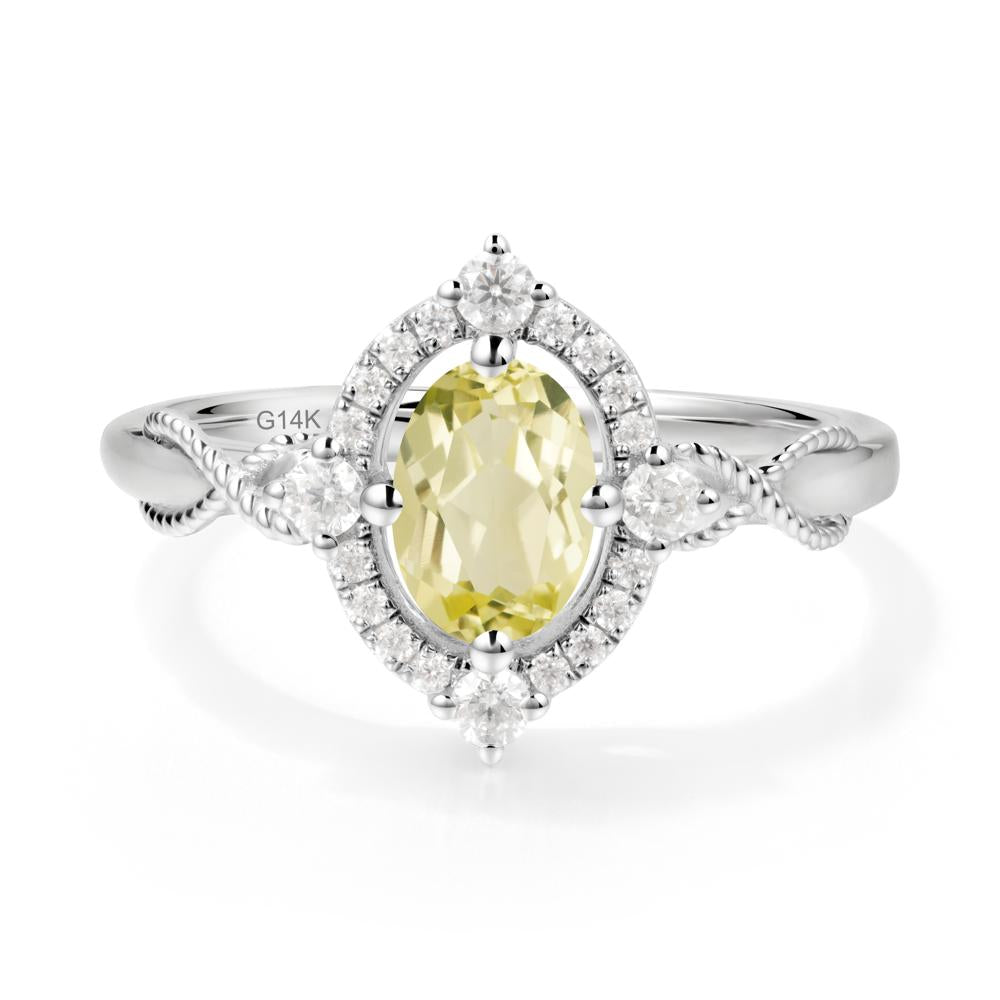Twisted Band Lemon Quartz Halo Ring - LUO Jewelry #metal_14k white gold