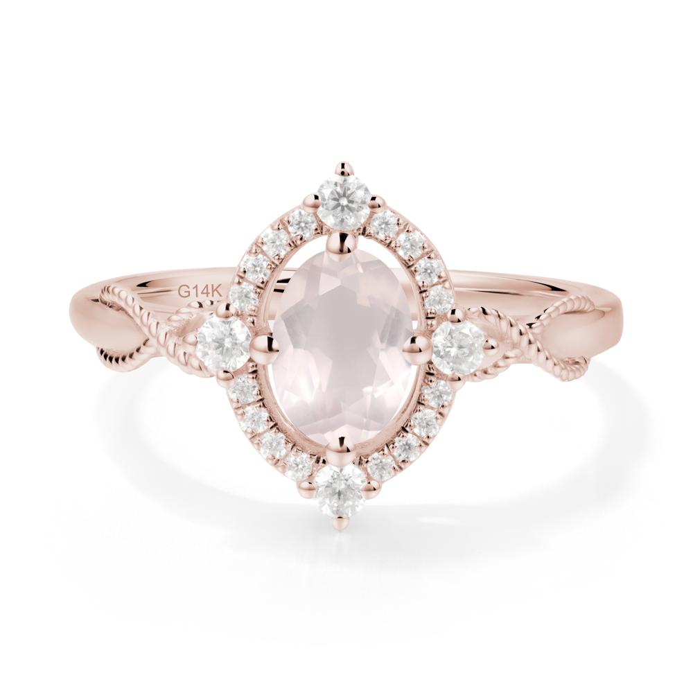 Oval Rose Quartz Halo Twist Ring - LUO Jewelry #metal_14k rose gold
