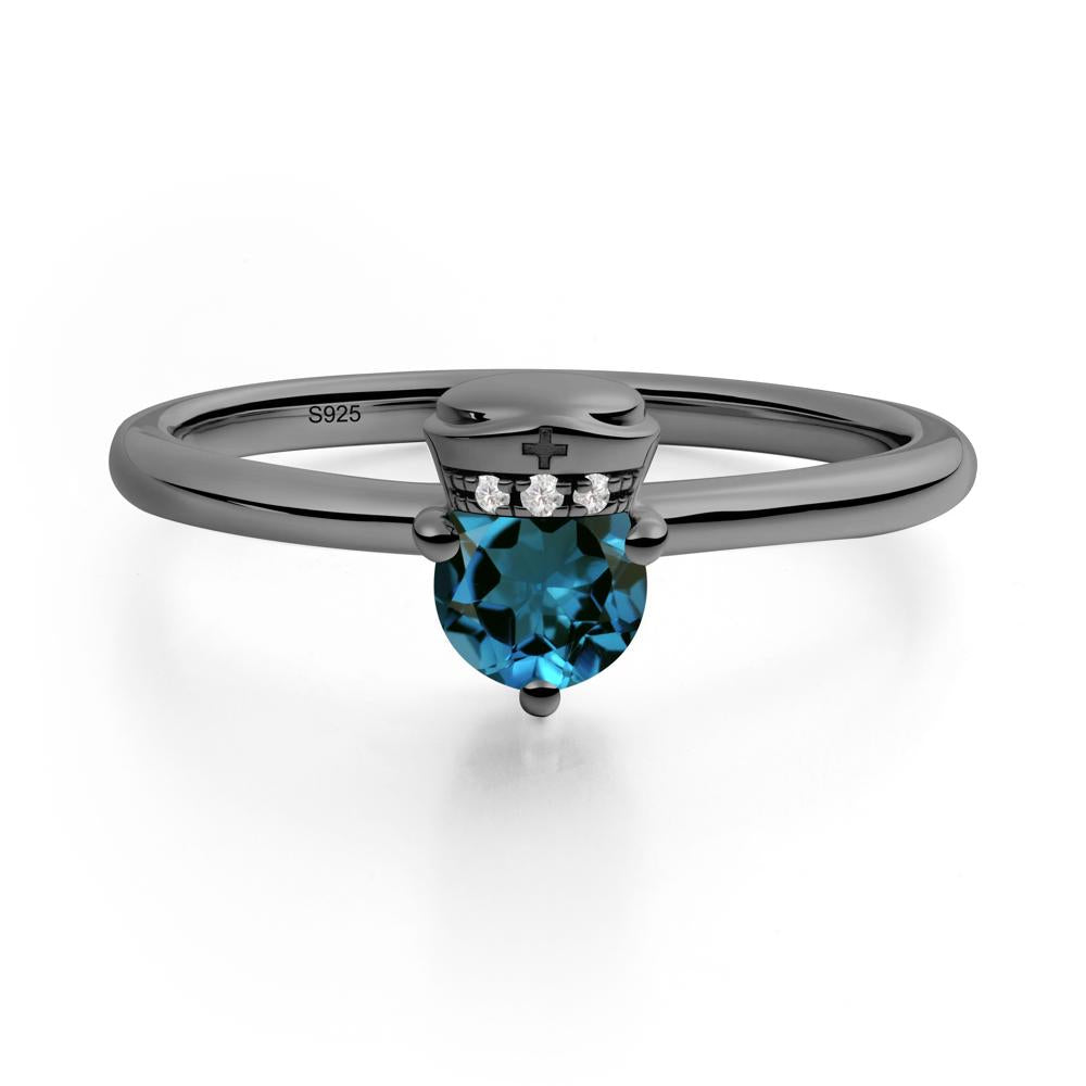 Nurse Cap Inspired London Blue Topaz Ring - LUO Jewelry #metal_black finish sterling silver