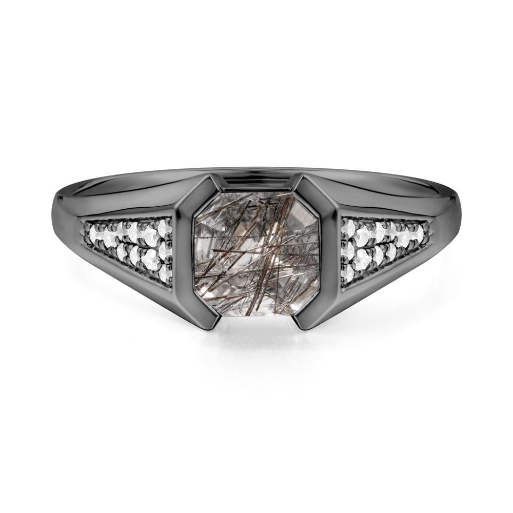 Asscher Cut Black Rutilated Quartz Bezel Ring - LUO Jewelry #metal_black finish sterling silver