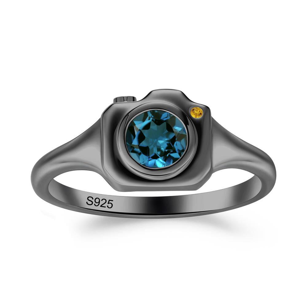 Round Bezel Set London Blue Topaz and Citrine Ring - LUO Jewelry #metal_black finish sterling silver