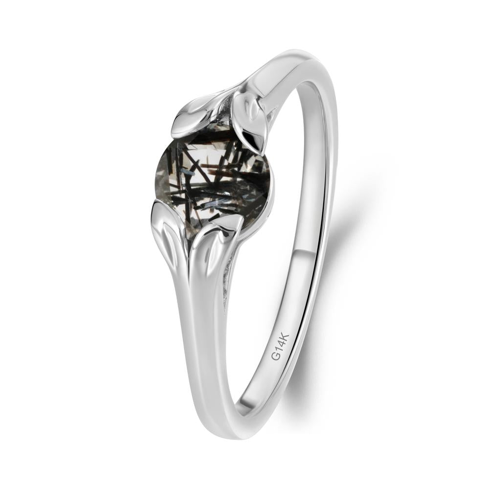 Round Black Rutilated Quartz Leaf Ring - LUO Jewelry #metal_14k white gold