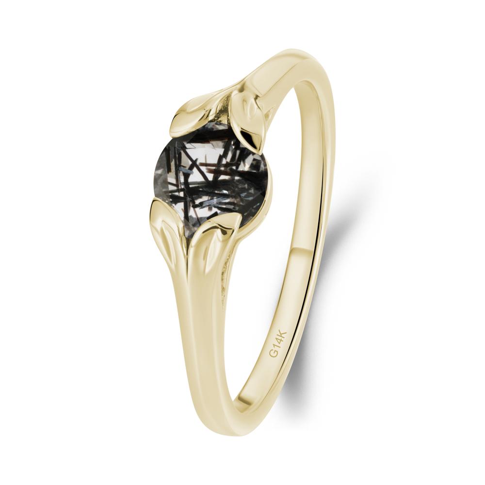 Round Black Rutilated Quartz Leaf Ring - LUO Jewelry #metal_14k yellow gold