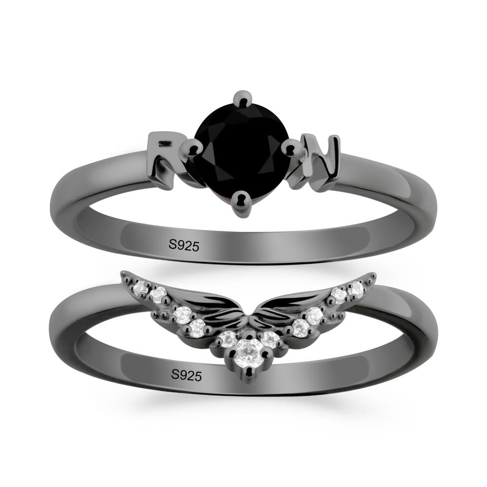 Rn Caduceus-Inspired Black Spinel Wedding Ring Set - LUO Jewelry #metal_xxxxx