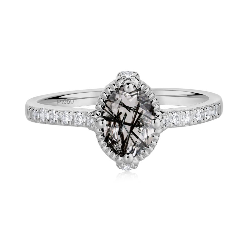 Oval Black Rutilated Quartz Milgrain Halo Ring - LUO Jewelry #metal_platinum