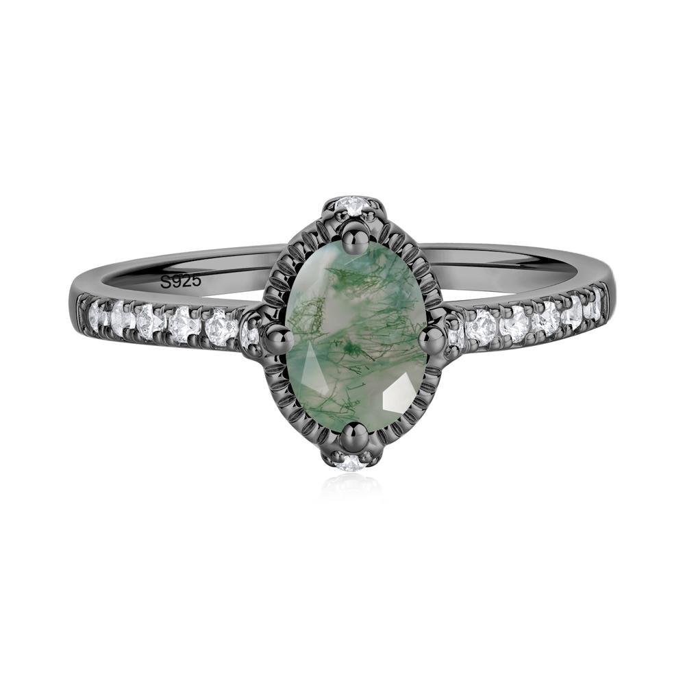 Oval Moss Agate Milgrain Halo Ring - LUO Jewelry #metal_black finish sterling silver