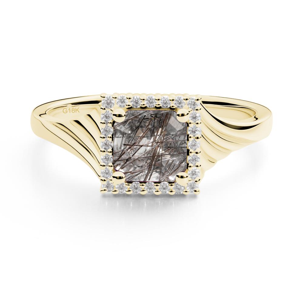 Asscher Cut Black Rutilated Quartz Halo Ring - LUO Jewelry #metal_18k yellow gold