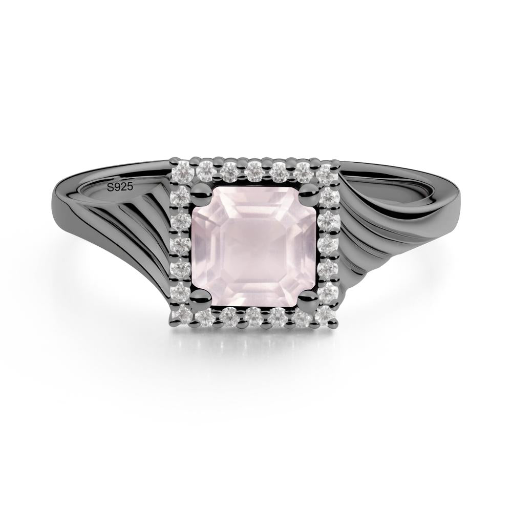 Asscher Cut Rose Quartz Halo Ring - LUO Jewelry #metal_black finish sterling silver