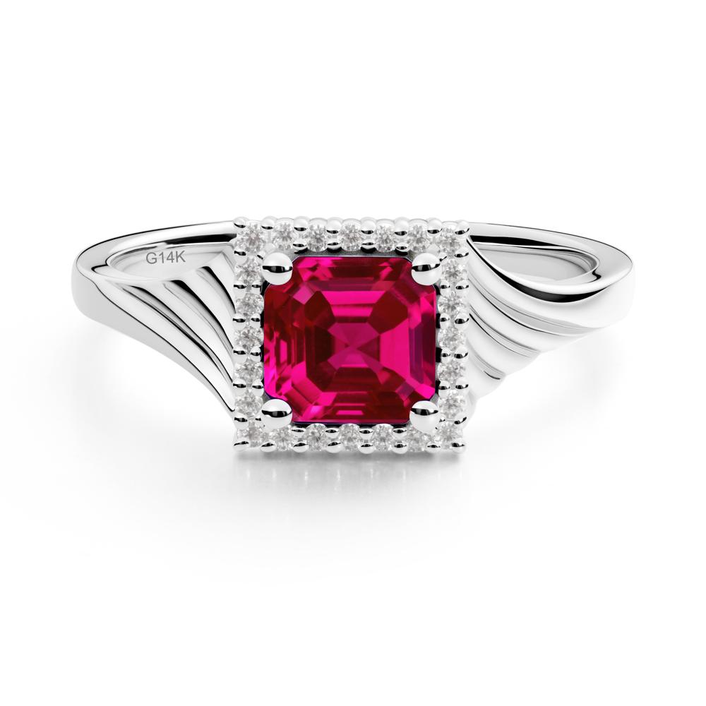 Asscher Cut Ruby Halo Ring - LUO Jewelry #metal_14k white gold
