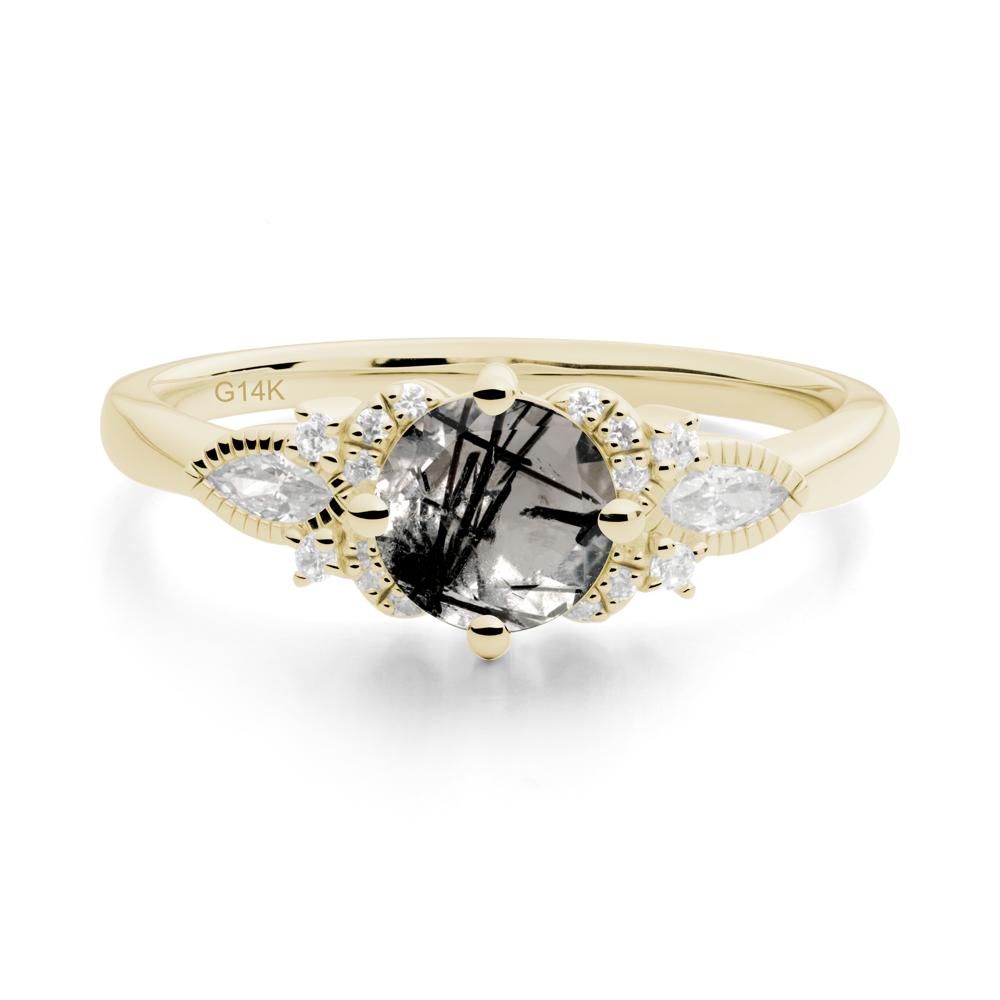 Round Black Rutilated Quartz Floral Statement Ring - LUO Jewelry #metal_14k yellow gold