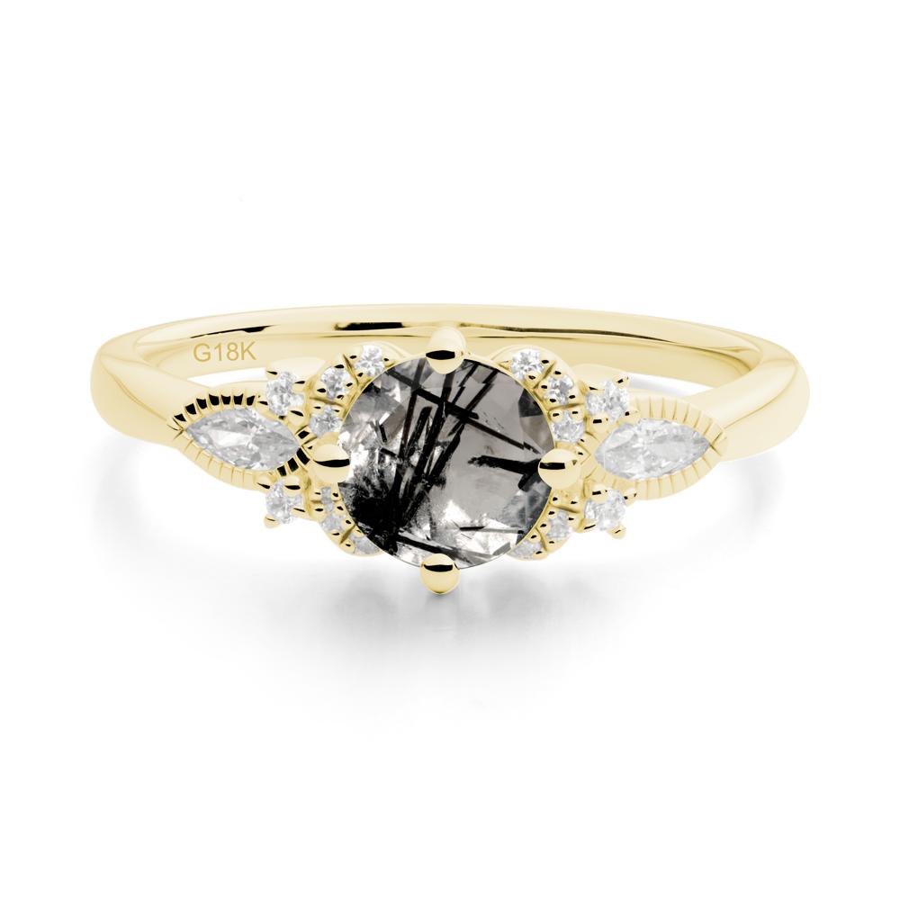 Round Black Rutilated Quartz Floral Statement Ring - LUO Jewelry #metal_18k yellow gold