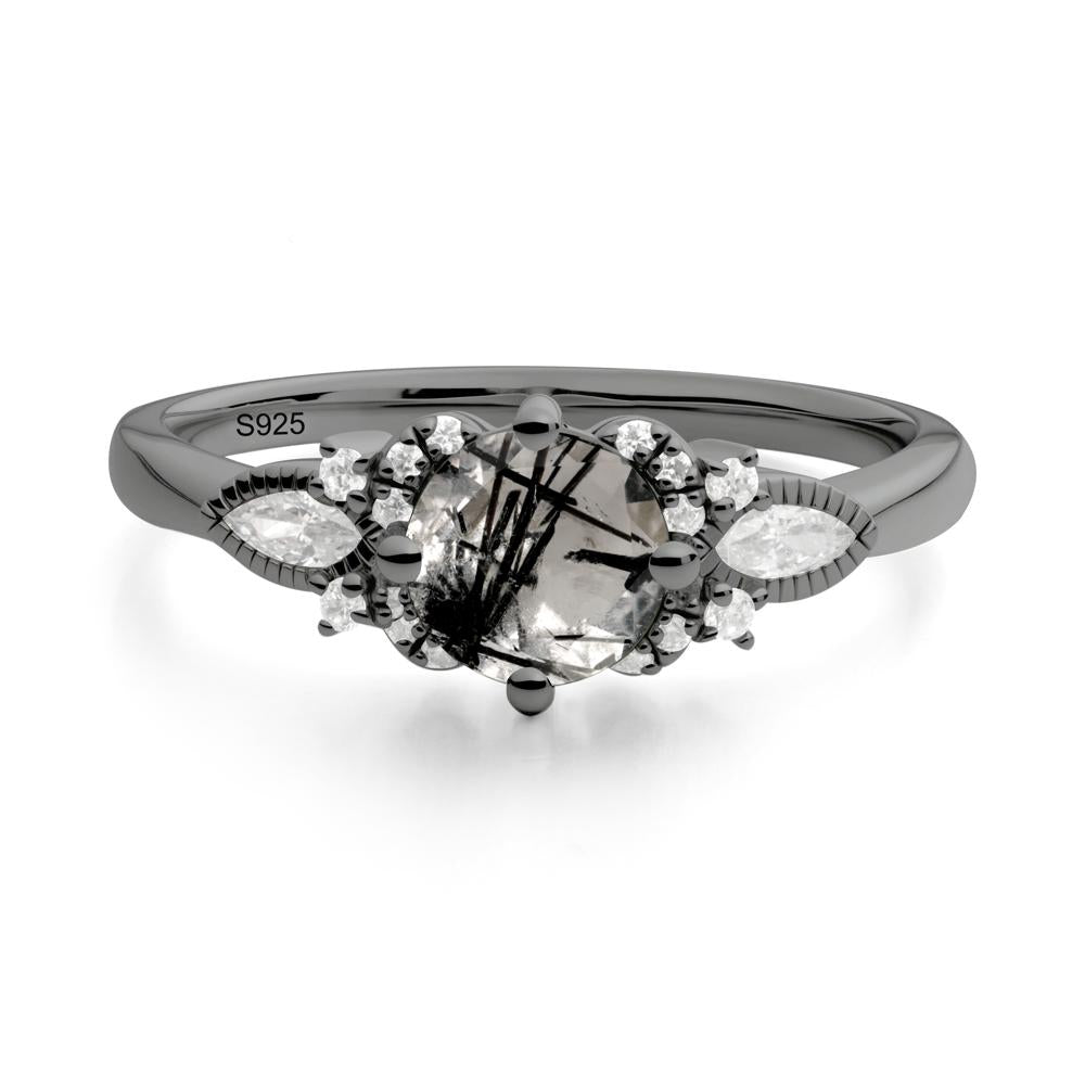 Round Black Rutilated Quartz Floral Statement Ring - LUO Jewelry #metal_black finish sterling silver