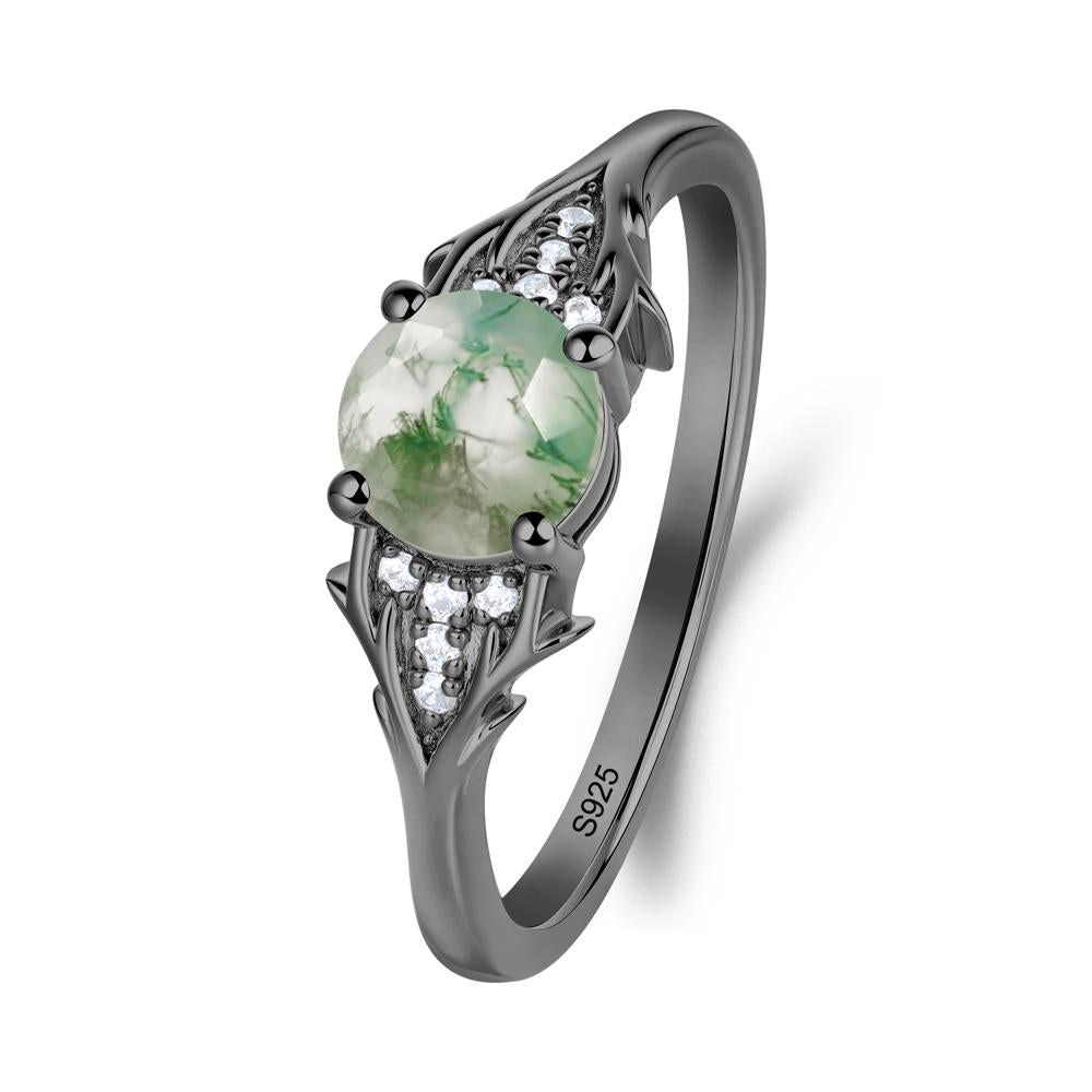 Round Moss Agate Branch Engagement Ring - LUO Jewelry #metal_black finish sterling silver
