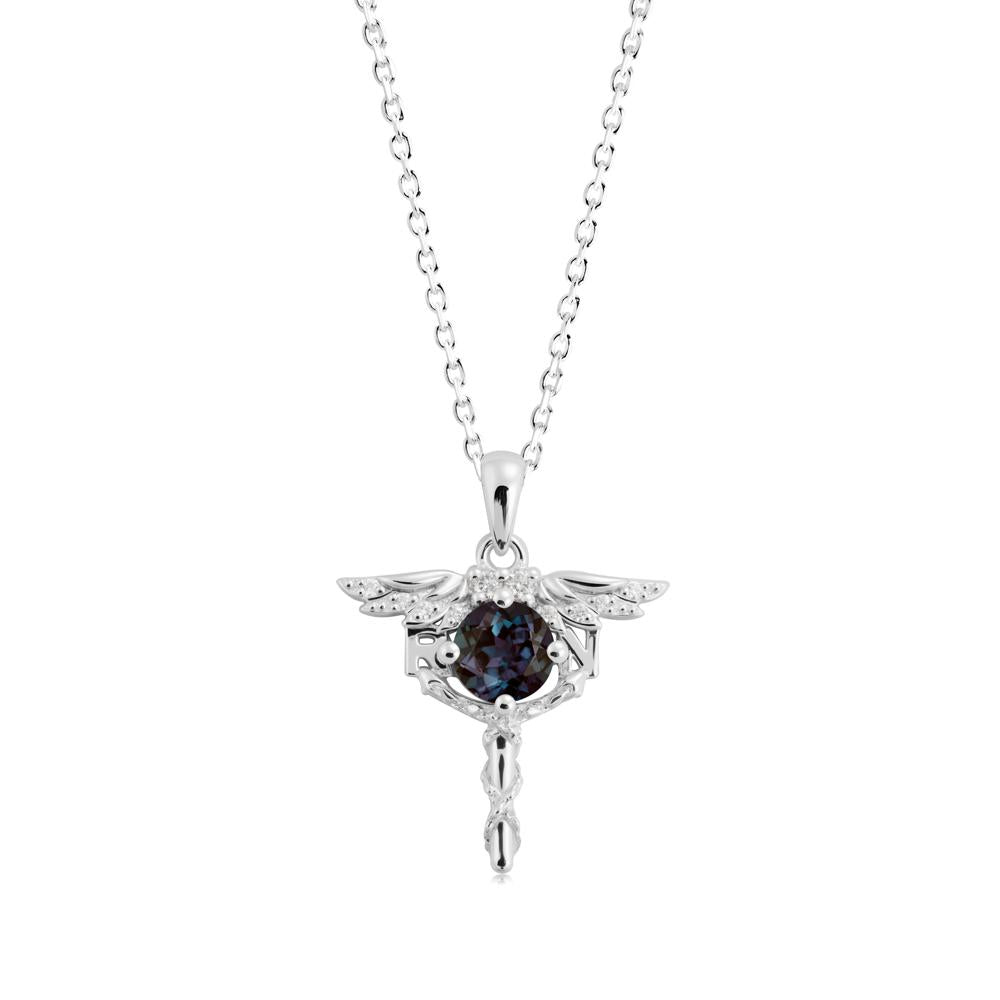 Round Alexandrite Caduceus Necklace - LUO Jewelry #metal_14k white gold