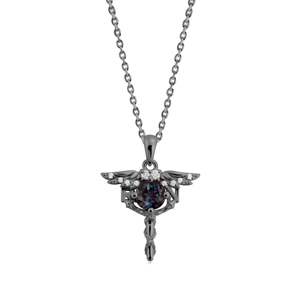 Round Alexandrite Caduceus Necklace - LUO Jewelry #metal_black finish sterling silver