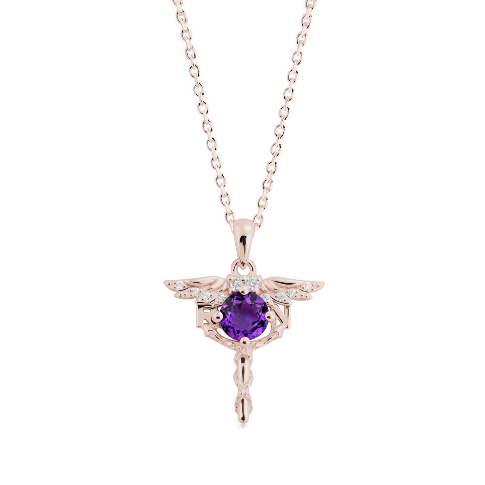 Round Amethyst Caduceus Necklace - LUO Jewelry #metal_14k rose gold